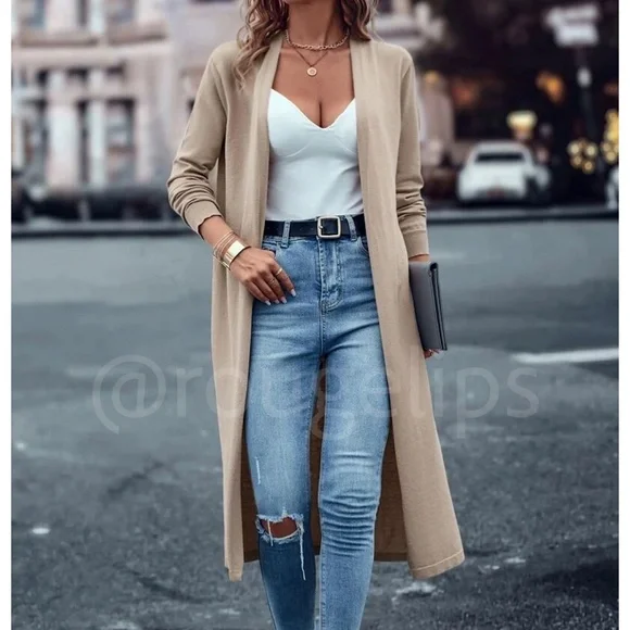 Rouge! Sweaters Beige Khaki Tan Light Duster Cardigan Open